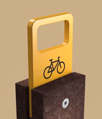 Detalhe de render do estacionamento para bicicletas Frame da Floema Urban, equipamento para a mobilidade suave urbana em aço metalizado e pintado e plástico reciclado.