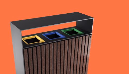 Ecoponto Frame da Floema Urban para a recolha seletiva de resíduos urbanos, com estrutura em aço metalizado e pintado e plástico reciclado.